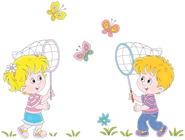 Vector happy little girl and boy with catching colorful butterflies in a park on a sunny summer day