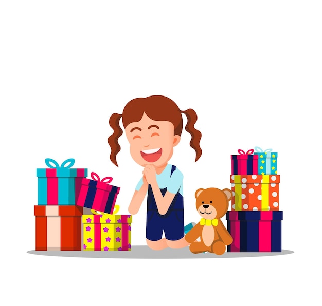 happy little girl gets a lot of gift boxes
