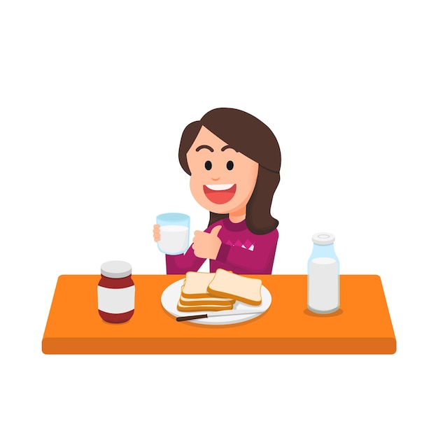 Vector happy little girl has breakfast with milk and bread