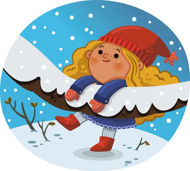 Vector happy little girl having fun on a snowy day vector illustration
