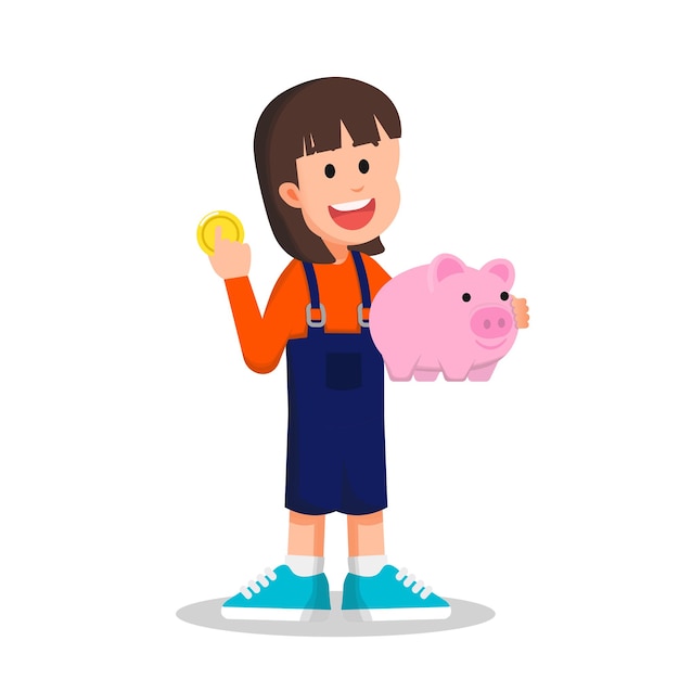 Happy little girl holding her piggy bank