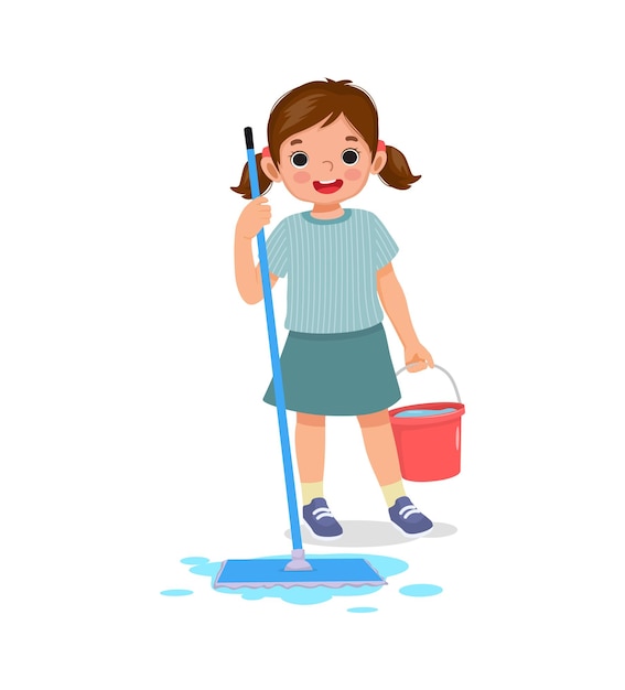 Happy little girl holding mop and bucket cleaning floor doing housework chore