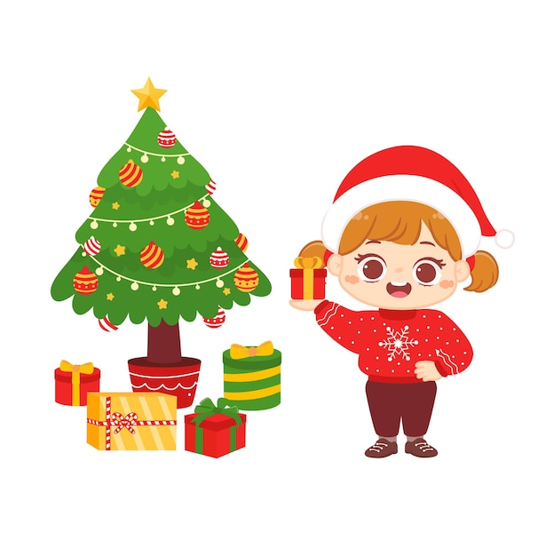 Happy little girl holding present for christmas flat cartoon