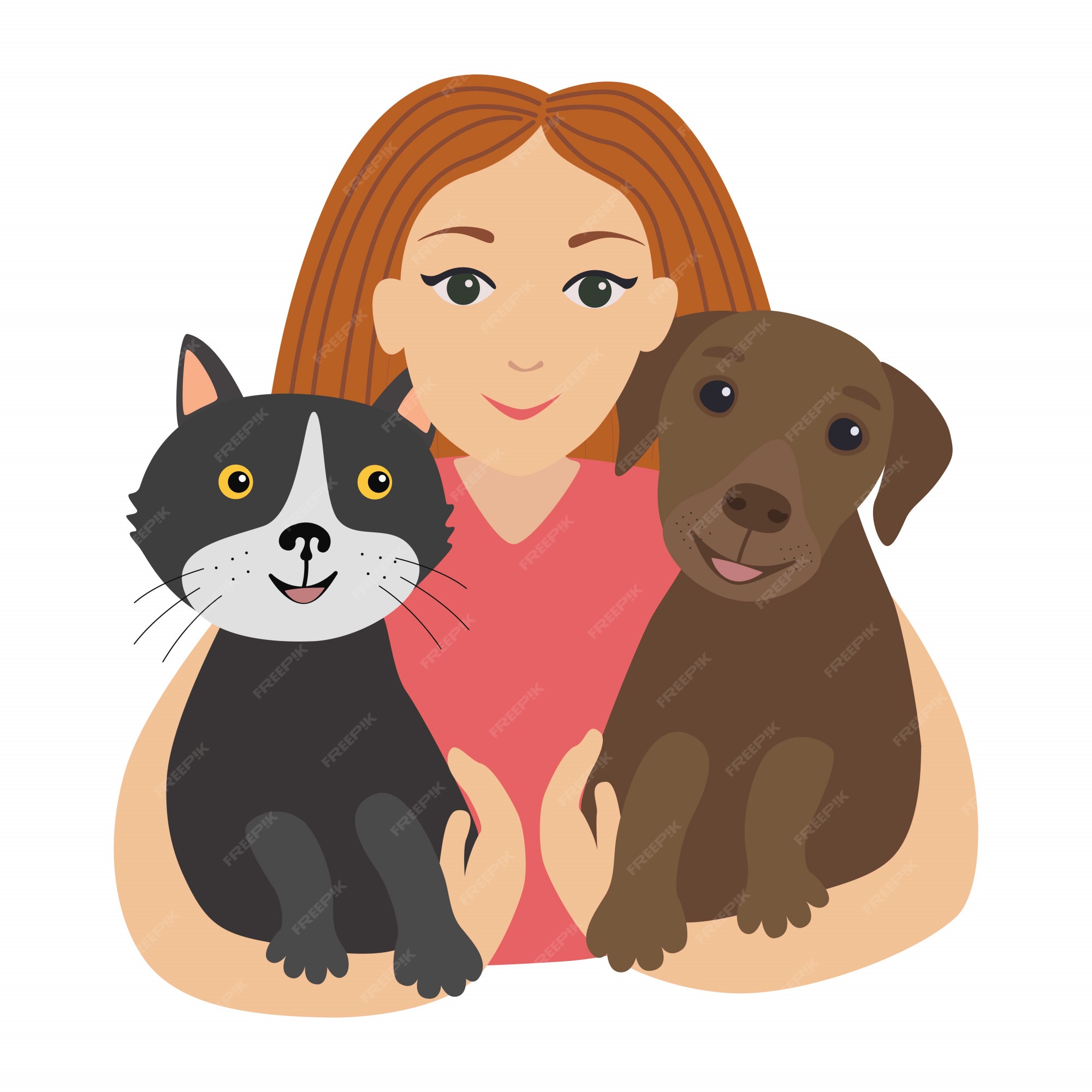 Premium Vector | Happy little girl hugging her cat and  and  pets.
