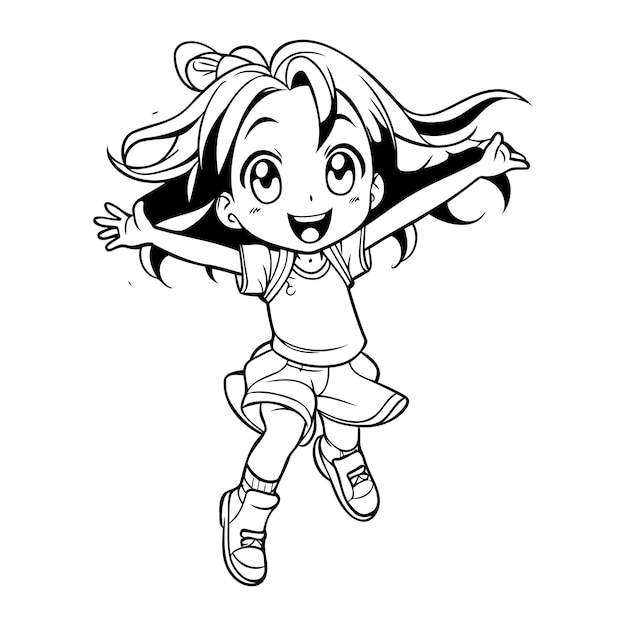 Happy little girl jumping and smiling black and white vector illustration