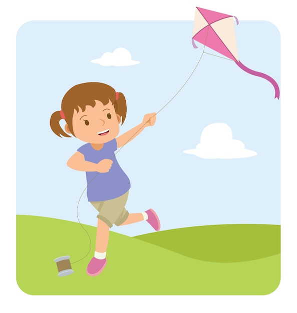 Vector happy little girl playing kite in the field