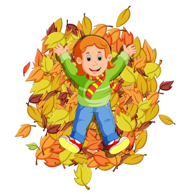 Vettore bambina felice che gioca con le foglie d'autunno