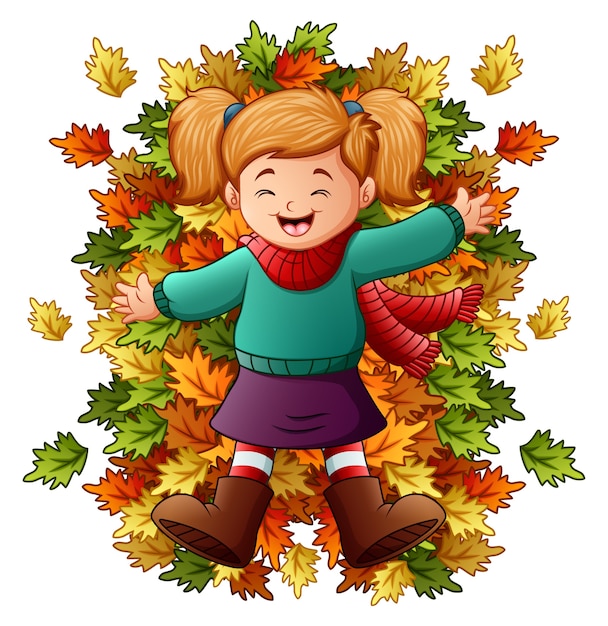 Vector happy little girl playing with autumn leaves