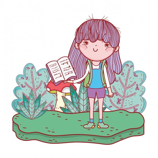 Vector happy little girl reading book in the field