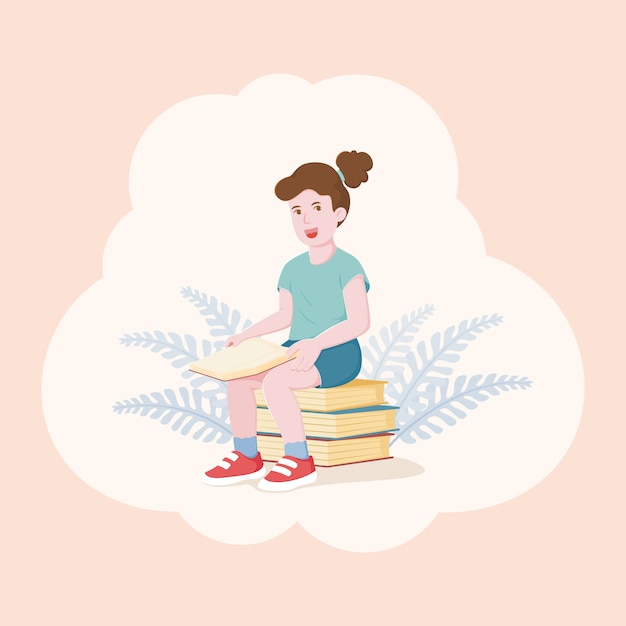 Vector happy little girl reading a book. flat illustration.