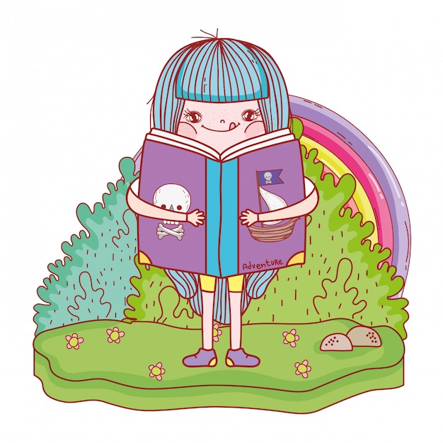Vector happy little girl reading book with rainbow