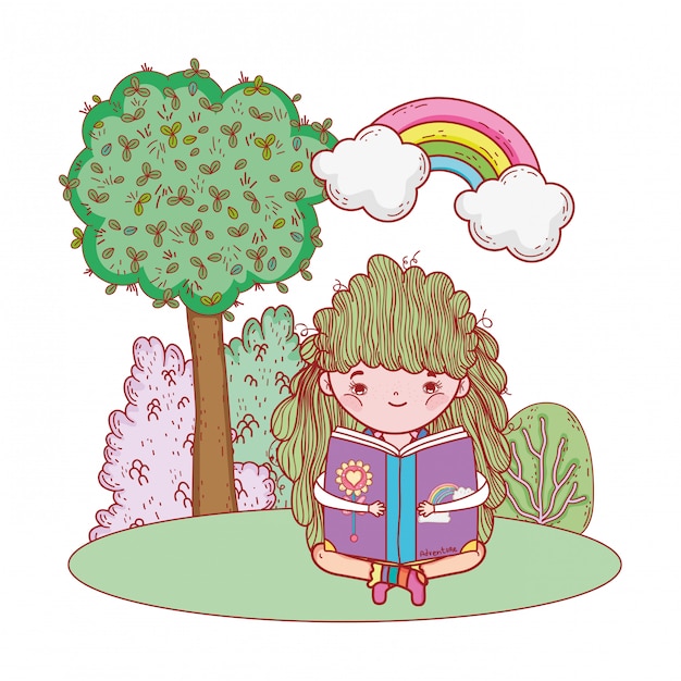 Happy little girl reading book with rainbow