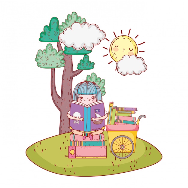 Happy little girl reading books with cart in the field