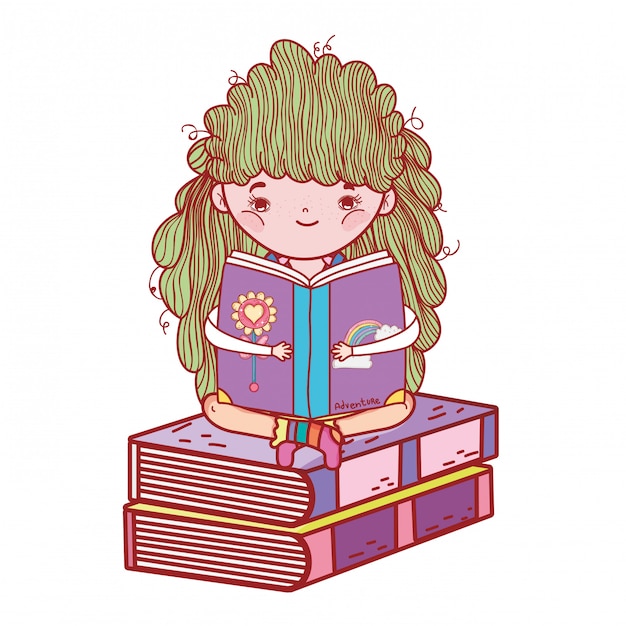 Vector happy little girl reading books