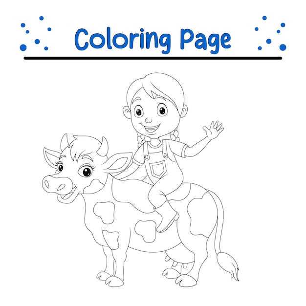 Vector happy little girl riding cow coloring page