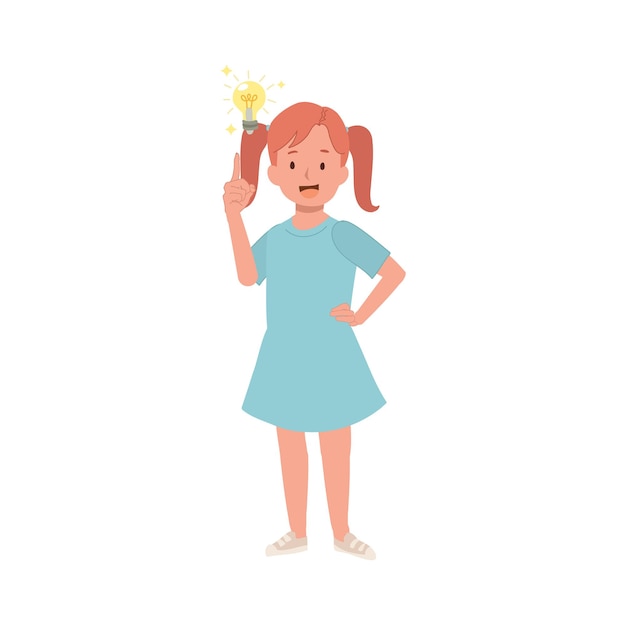 Happy little girl shows finger up child got new idea Flat cartoon vector illustration