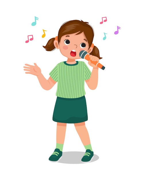 happy little girl singing a song with a microphone