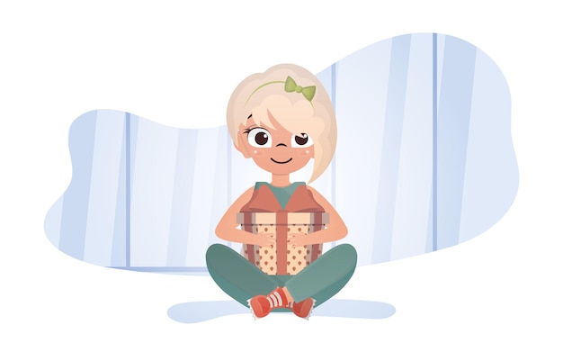 A happy little girl sits in a lotus position with a gift in her hands Vector illustration