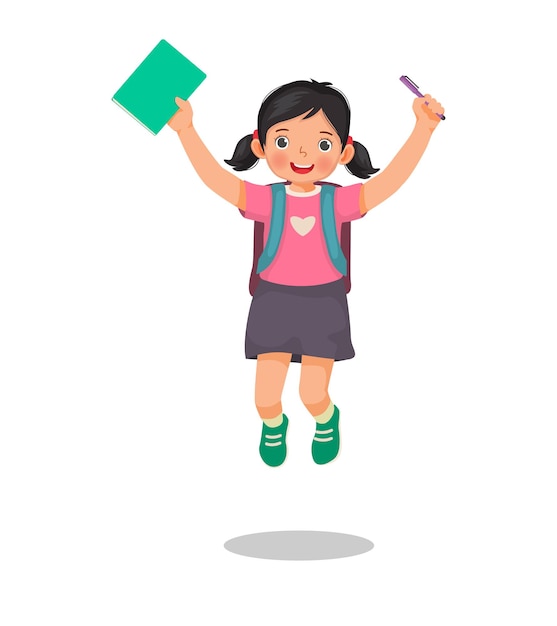 Vector happy little girl student with backpack holding book pen jumping feeling excited back to school