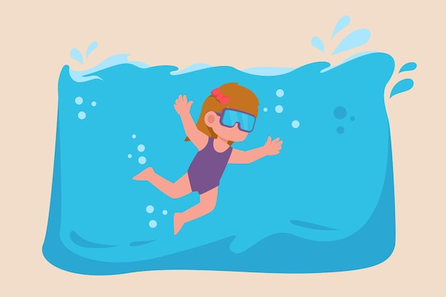 Happy little girl swimming in a pool Water polo concept Vector illustration