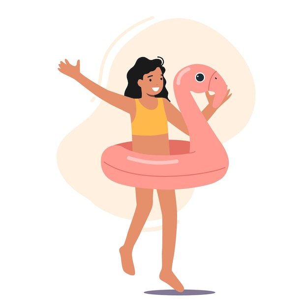 Happy little girl in swimsuit and flamingo inflatable ring child character playing on beach outdoor activities on sea