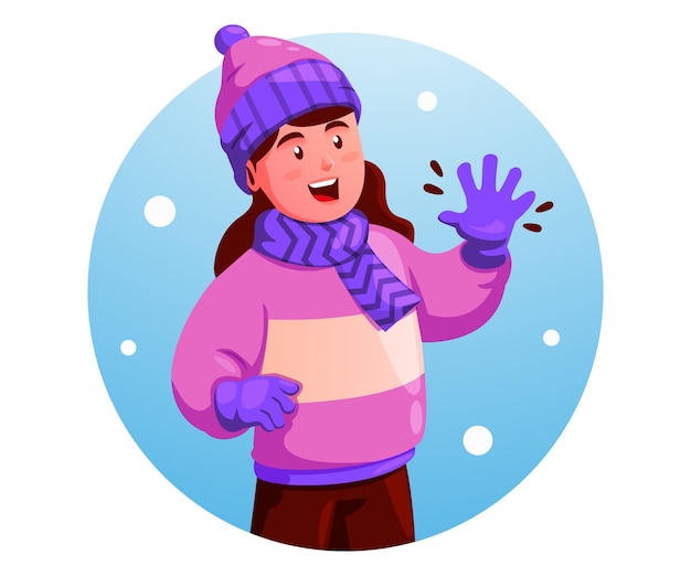 Счастливая маленькая девочка приветствует зиму и носит куртку зимой