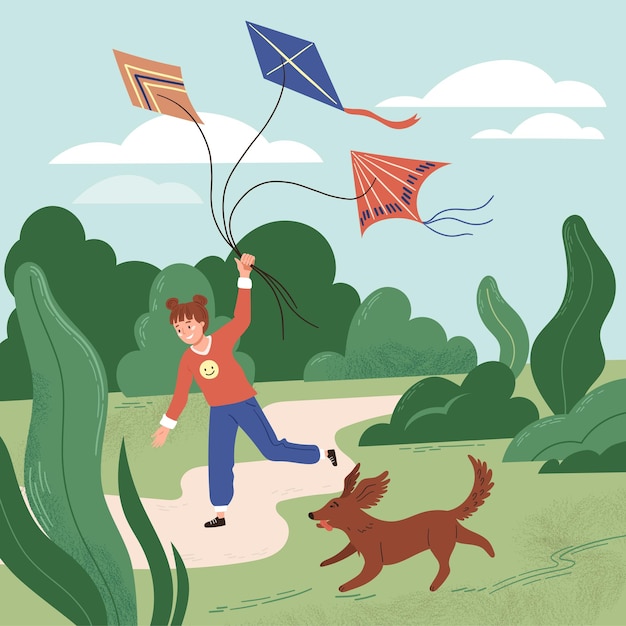 Вектор Счастливая маленькая девочка с летающими змеями и собакой. концепция веселья, игр и отдыха в парке