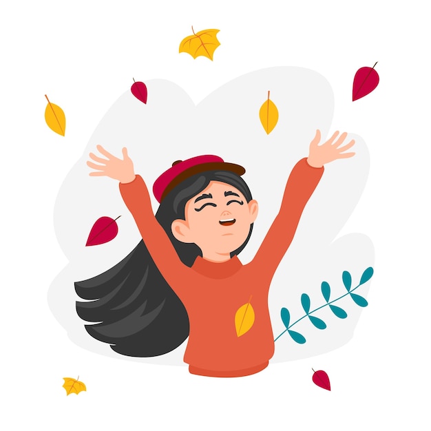 Happy little girl with hands up is scattering leaves Hello fall Welcome autumn Vector illustration