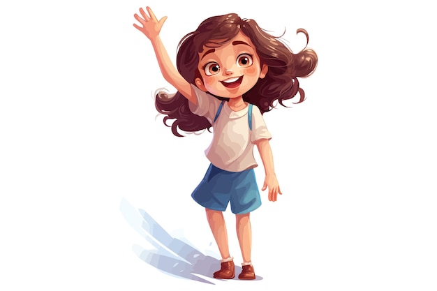 Счастливая девочка с поднятой рукой улыбается Плоские графические векторные иллюстрации, изолированные на белом фоне