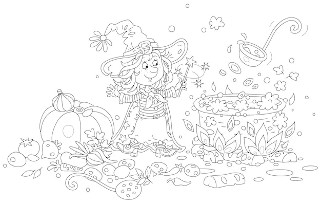 カボチャと野菜からおいしいスープを調理する魔法の杖で幸せな小さなハロウィーンの魔女