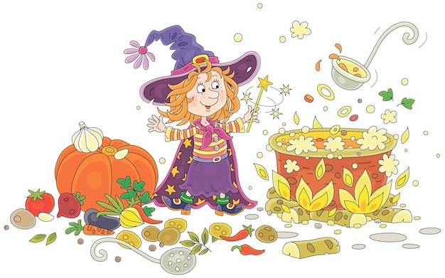 Счастливая маленькая ведьма Хэллоуина с волшебной палочкой готовит вкусный суп из тыквы и овощей