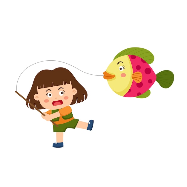 Happy little kid fishing vector illustration