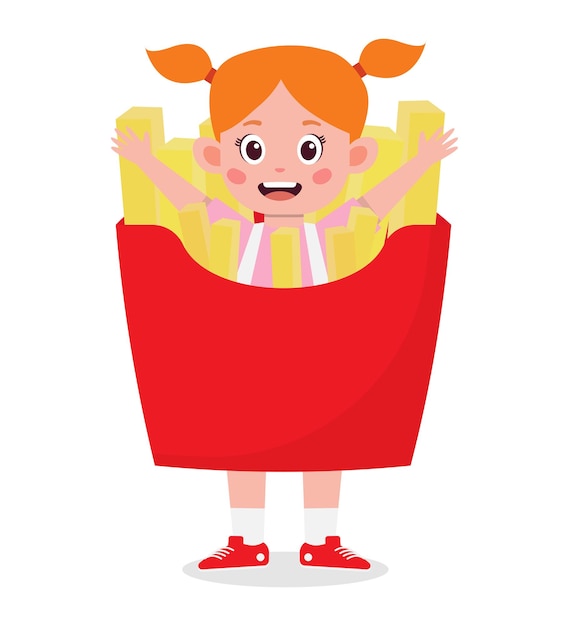 Happy little kid girl in french fries food costumes. carnival clothes for children.