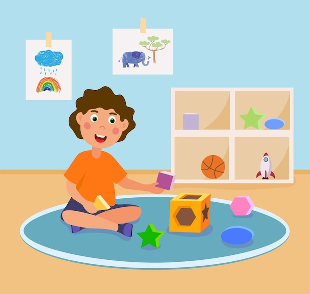 Happy little kid is learning d geometry by playing with toys concept of educational toys for