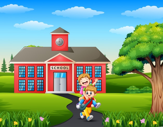 Vector happy little kids going to school