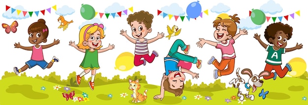 귀여운 아이들이 춤을 추는 재미있는 벡터 삽화를 가지고 있는 행복한 어린 아이들
