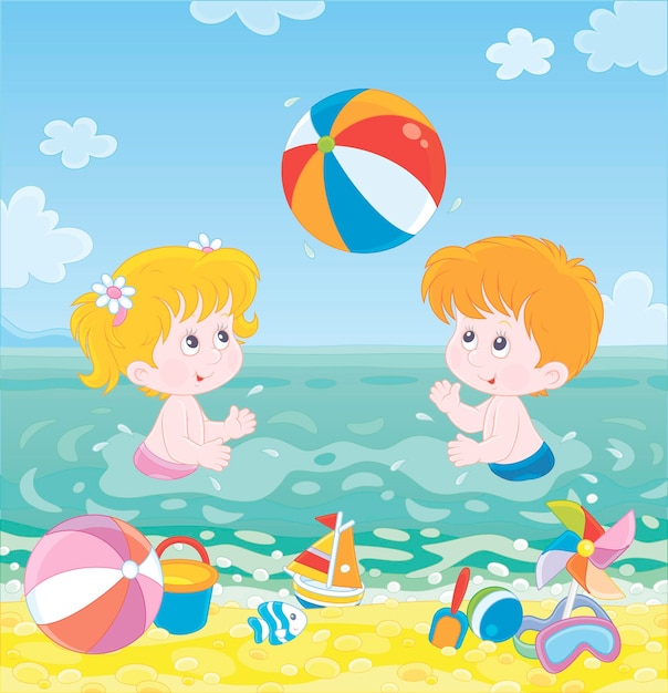 벡터 화창한 여름날 바다 해변에서 푸른 물에서 다채로운 공을 치는 행복한 어린 아이들