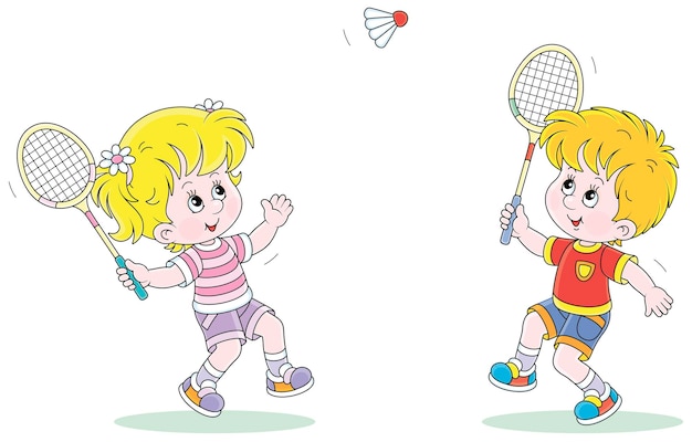 Happy little kids playing badminton with rackets and a flying shuttlecock in a fun game