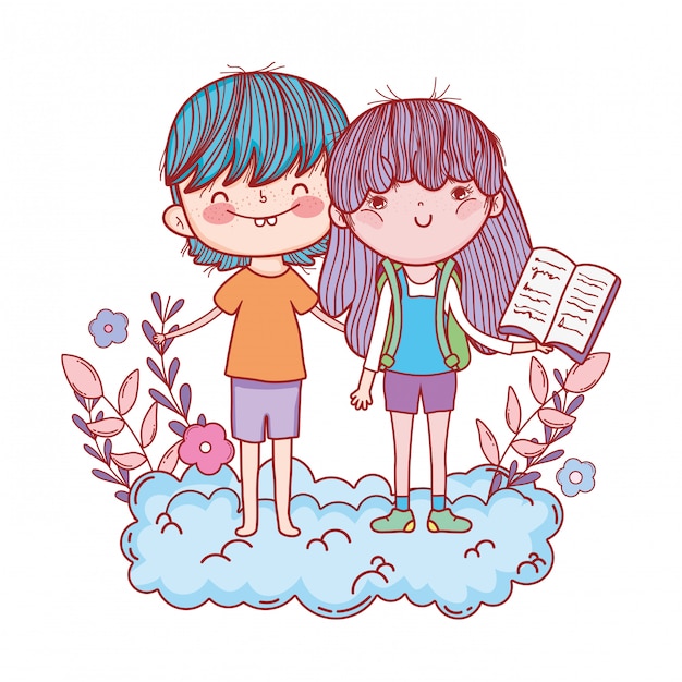 Happy little kids reading books in the clouds