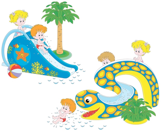 Счастливые маленькие дети катаются по забавным игрушечным водным горкам в аквапарке