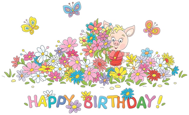 Happy little piglet with a bouquet of colorful summer flowers and small butterflies flying around