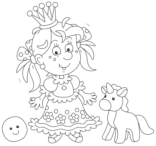 ロイヤル ドレスとおもちゃのユニコーンと面白いパンで遊ぶ金の王冠で幸せな小さな王女
