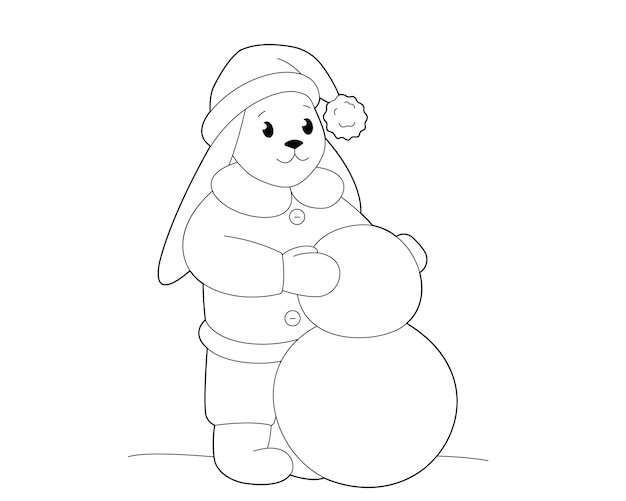ベクトル 上着を着た幸せな小さなウサギが雪だるまを作っています