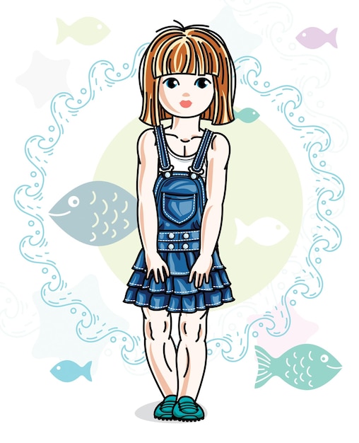 Happy little red-haired girl posing on marine background with fishes and wearing fashionable casual clothes. vector character.