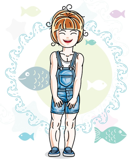 Happy little red-haired girl posing on marine background with fishes and wearing fashionable casual clothes. Vector character.