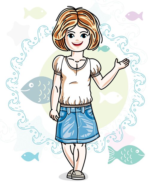 Happy little red-haired girl posing on marine background with fishes and wearing fashionable casual clothes. Vector character.