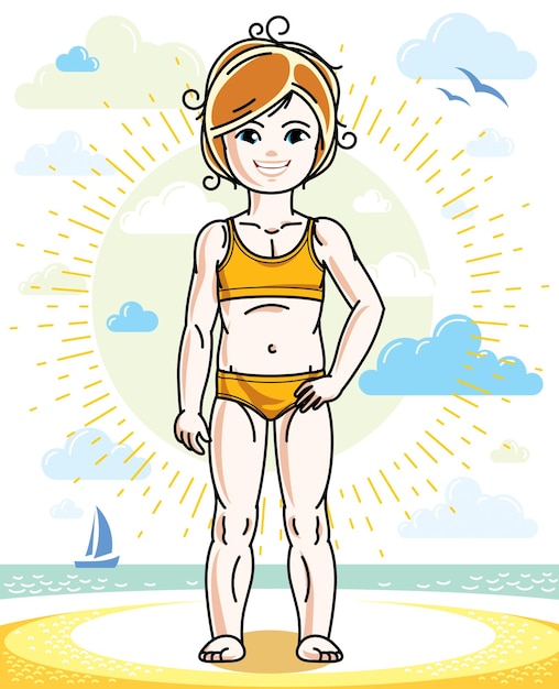 Vector happy little red-haired girl posing on sunny beach and wearing bright bathing suit. vector character.