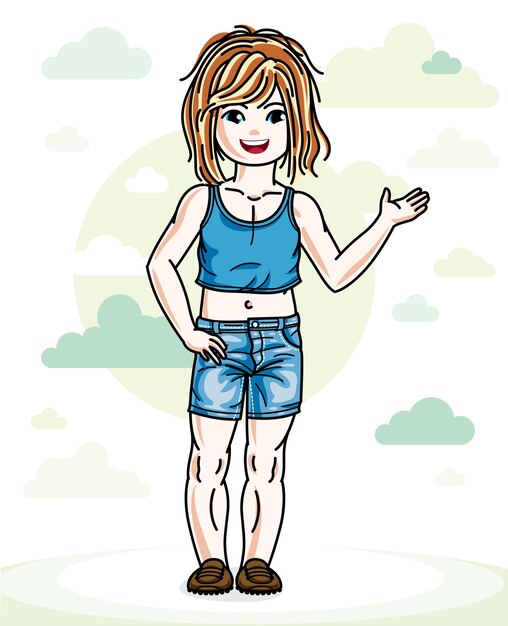 Vector happy little redhead girl posing on background with blue heavens clouds and wearing fashionable casual clothes. vector character.