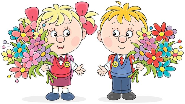 행복한 작은 학교 소년과 학교 소녀 1학년 학생들은 학교 가방과 아름다운 꽃줄기를 가지고 있습니다.