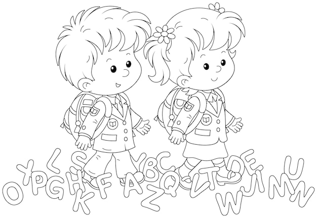 Vector happy little schoolchildren and funny letters going to school for start of classes